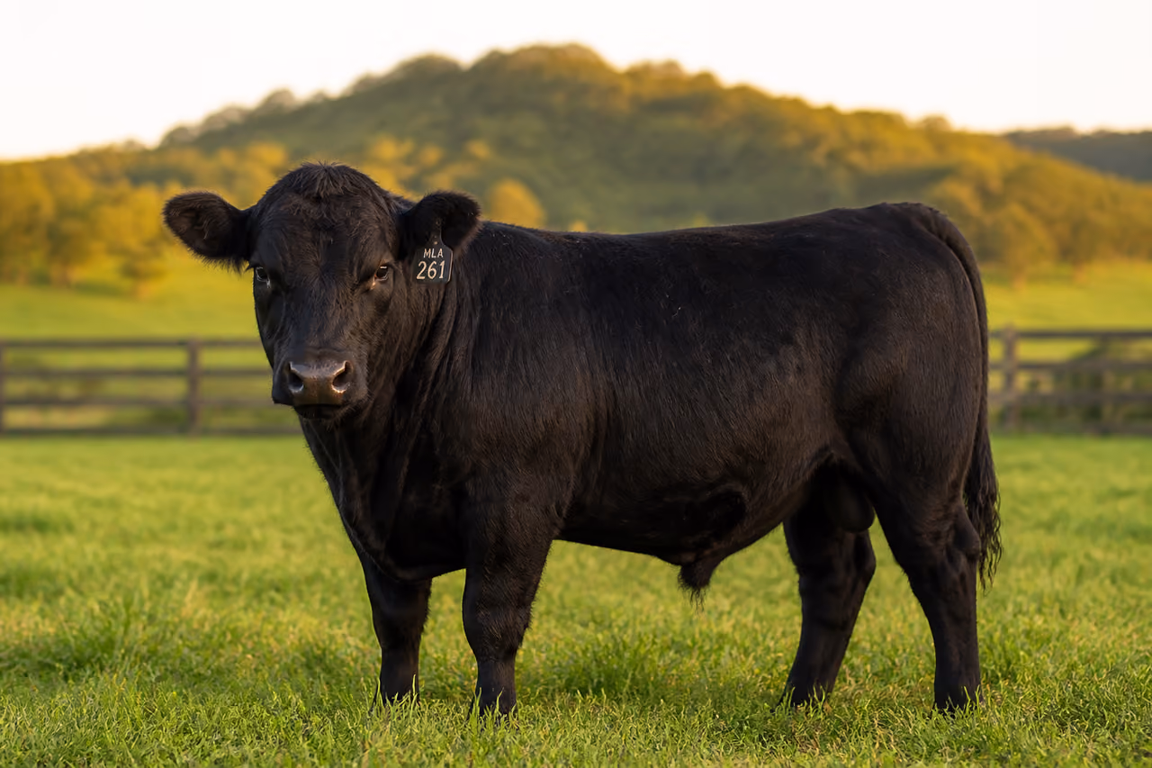 Miniature Lowline Angus Cow Grazing in a Green Pasture
