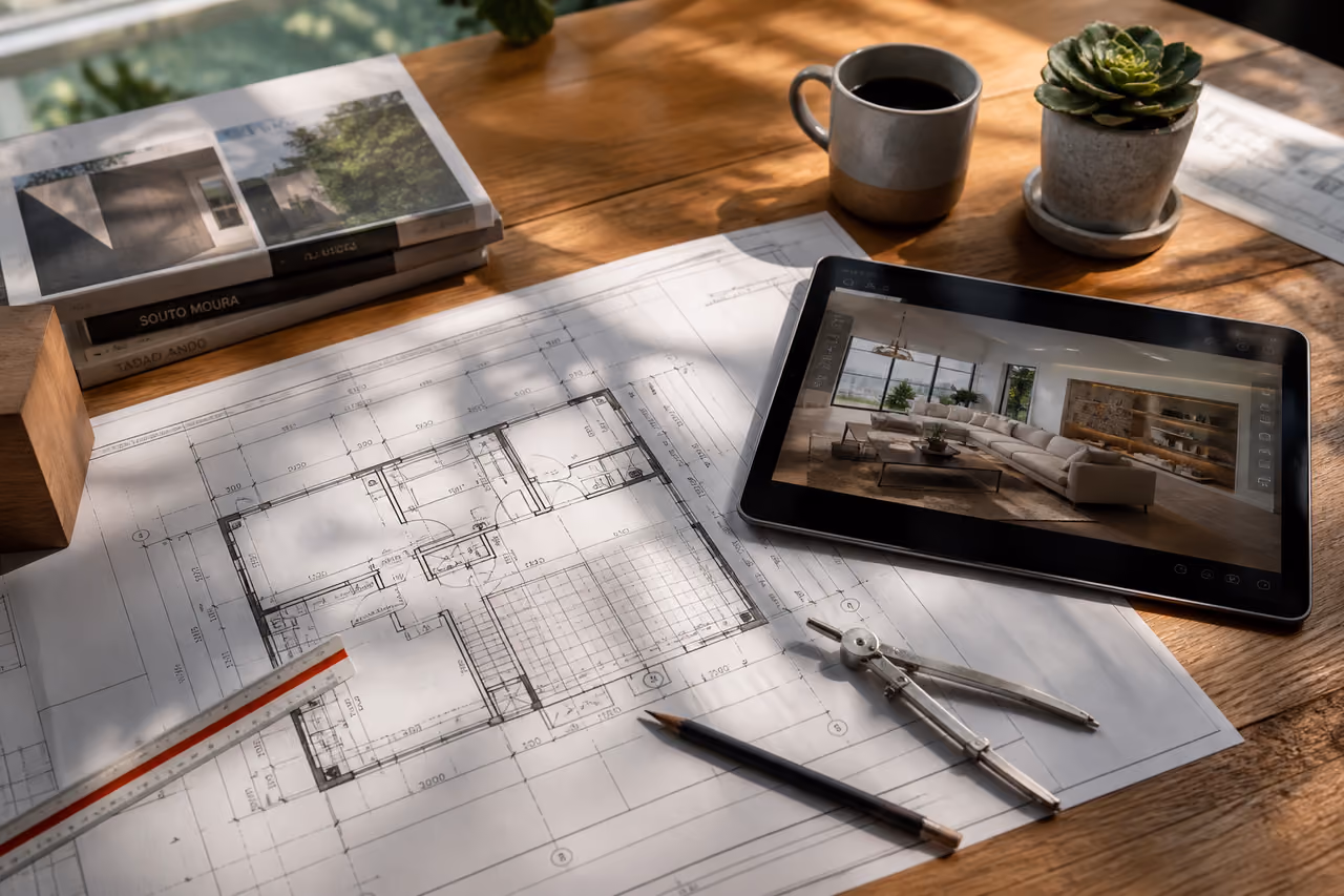 Architectural Blueprints and Digital Render on Wooden Desk