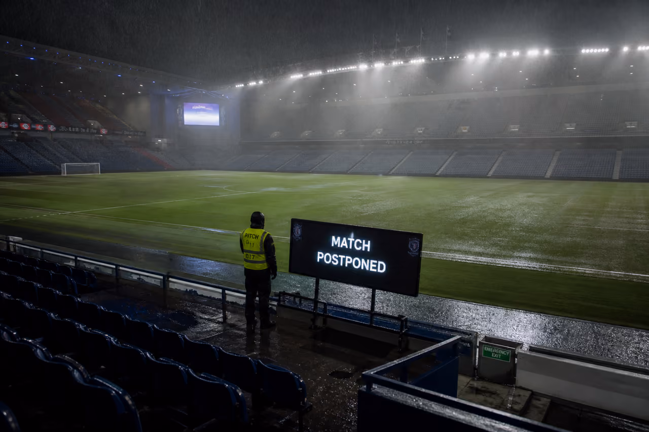 Empty Football Stadium Pitch with Postponed Match Announcement