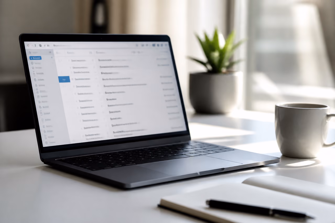 Laptop Displaying Email Inbox on a Modern White Desk