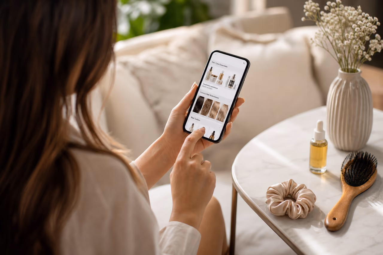 Woman Browsing Beauty Hair Online Store on Smartphone