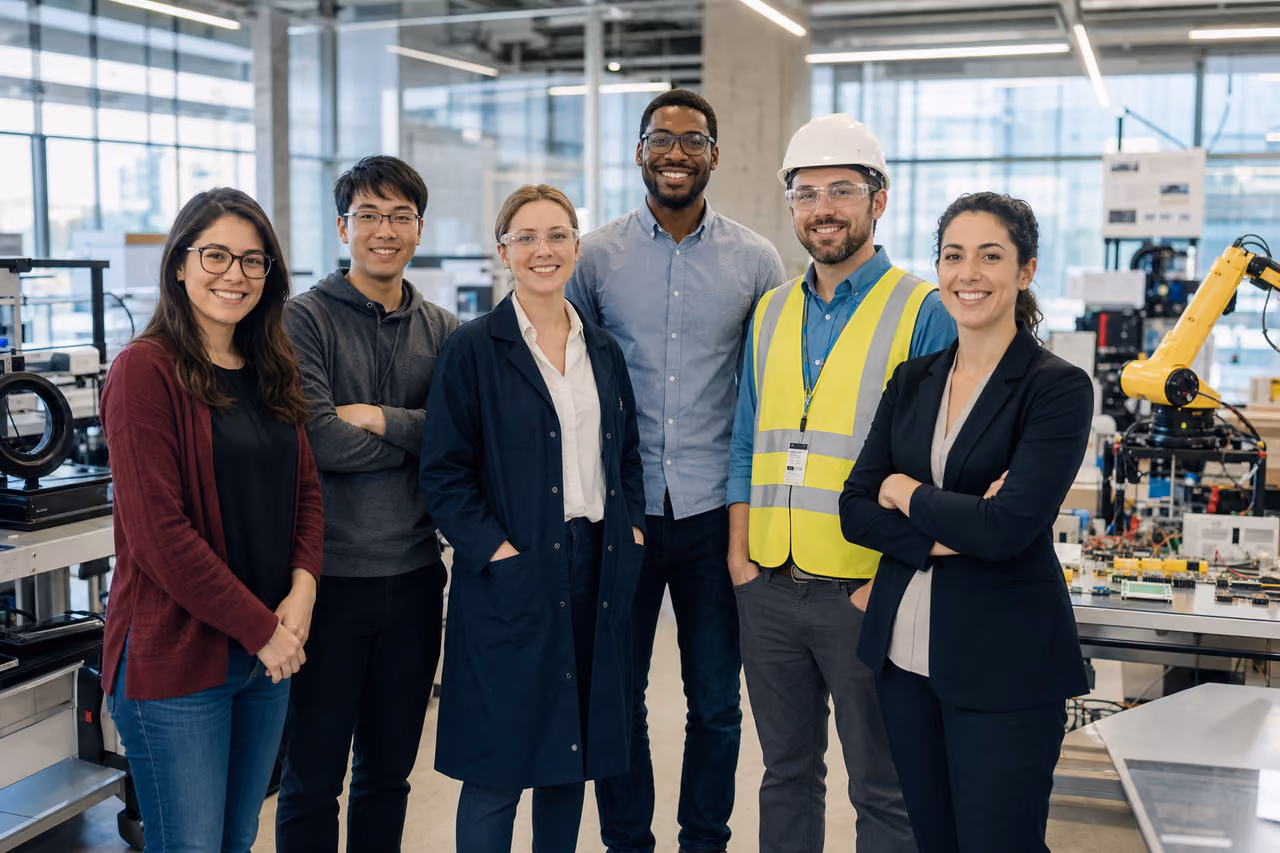 University Engineering Staff Standing in a Modern Research Laboratory
