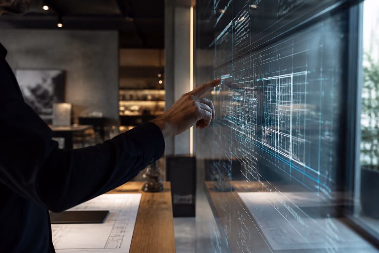 Architect Using Interactive Glass Surfaces for Digital Blueprints