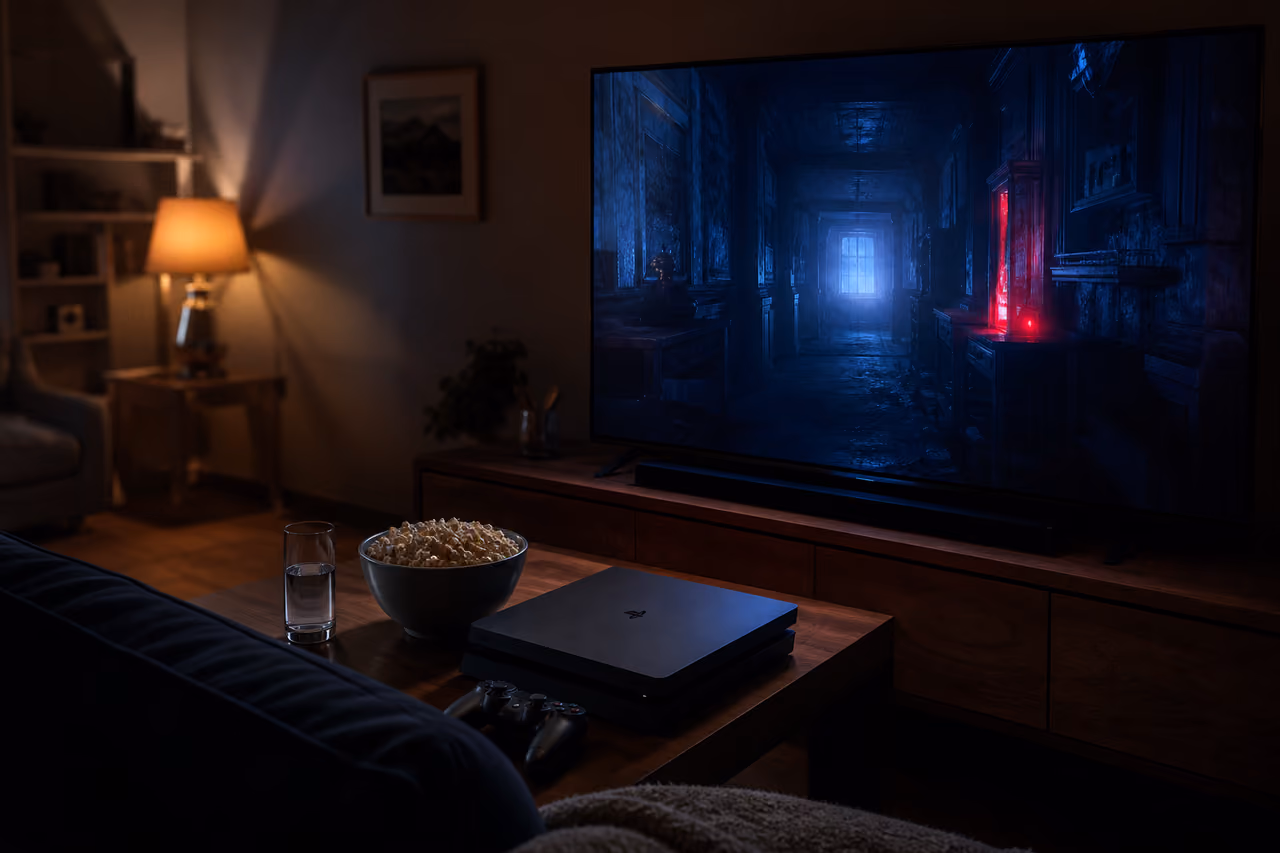 Gaming Console and Controller Displaying Horror Game in Dark Room