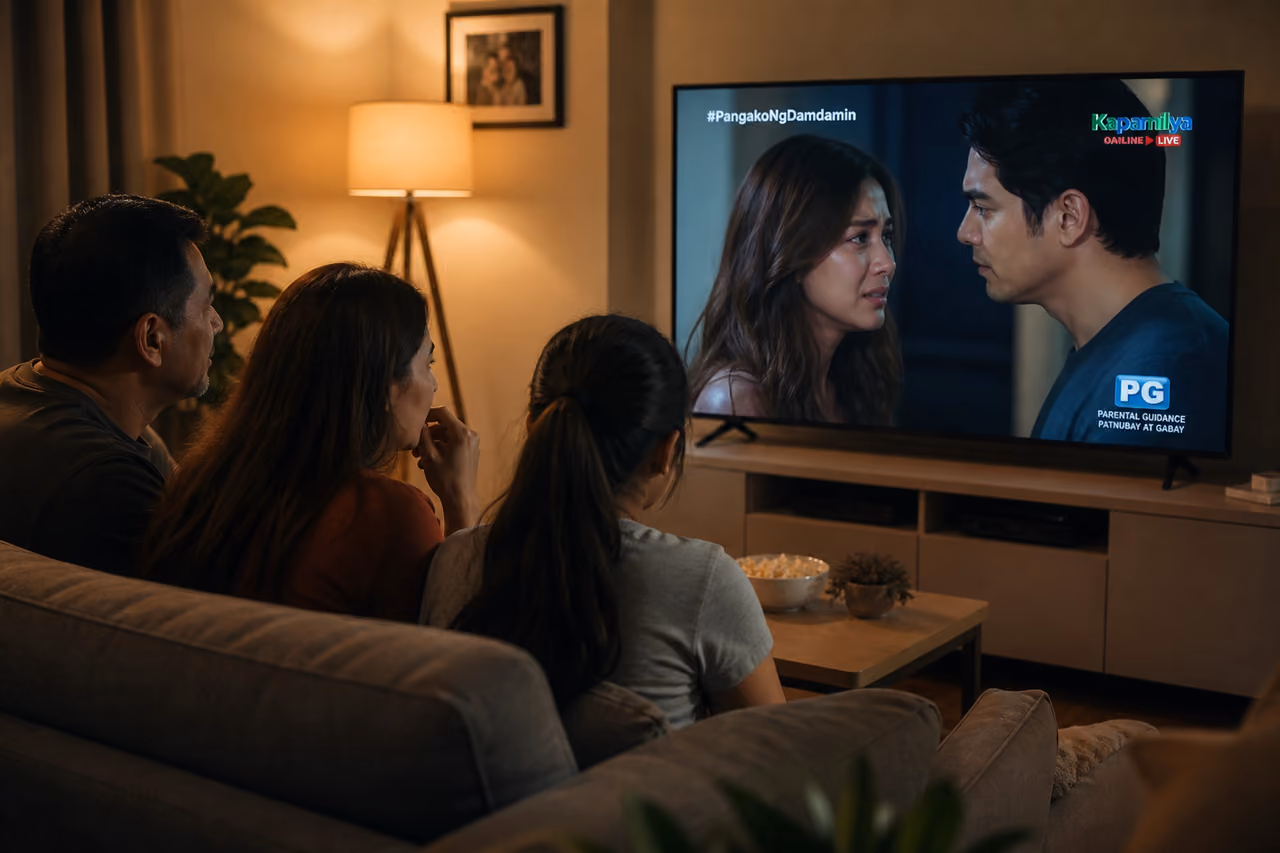 Family Watching a Filipino Drama Series in a Living Room