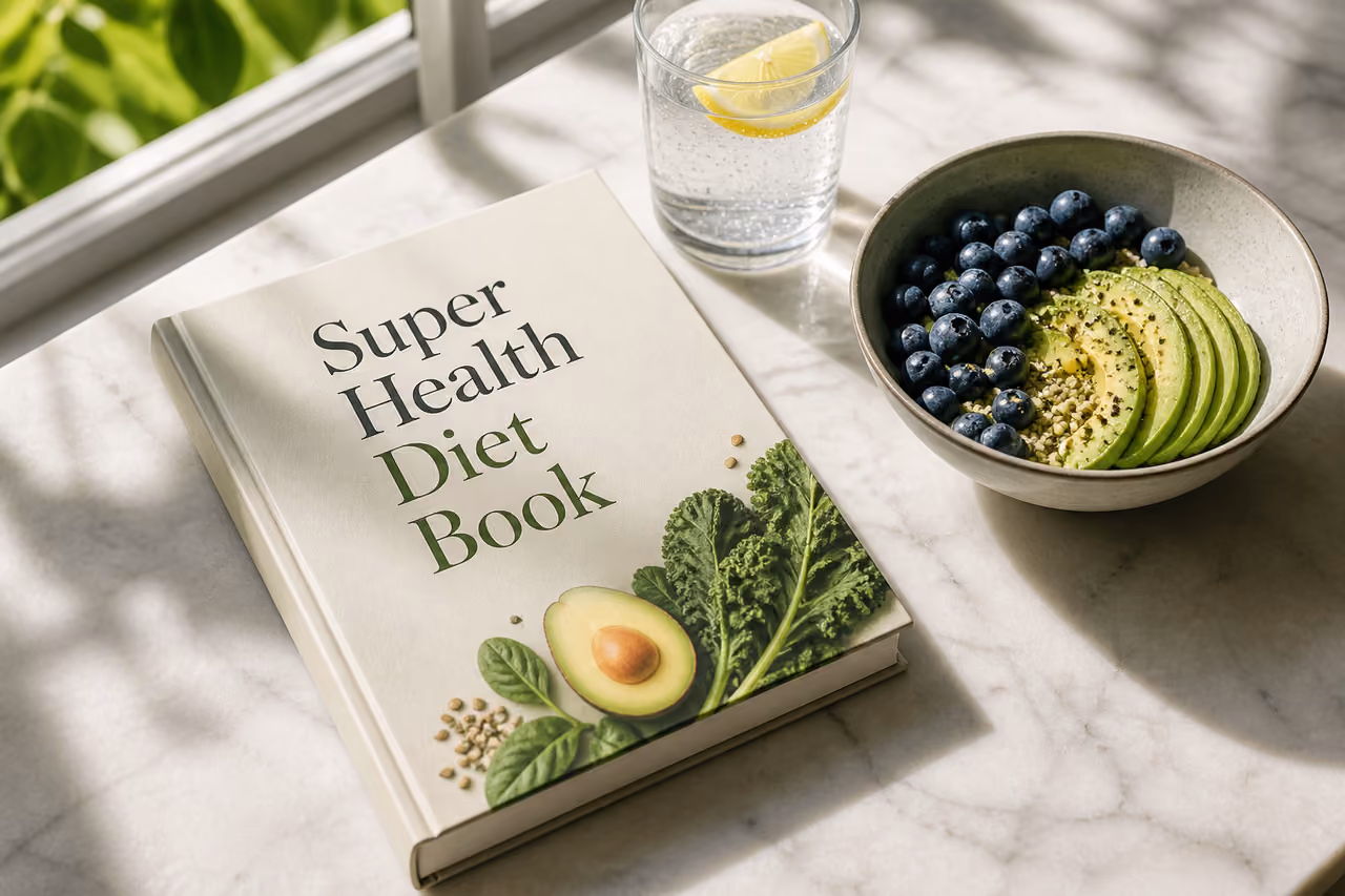 Super Health Diet Book with Fresh Superfoods on Marble Table
