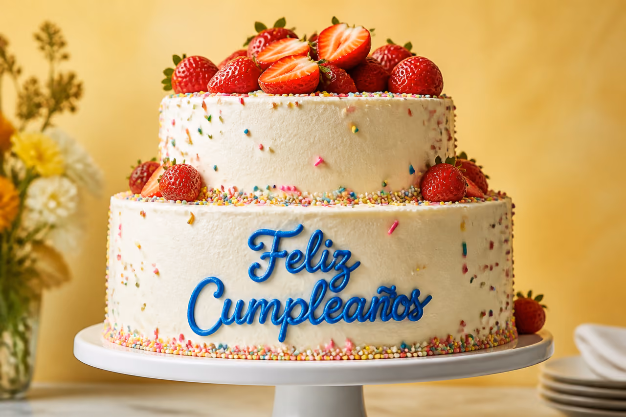 Vanilla Birthday Cake with Feliz Cumpleaños Icing