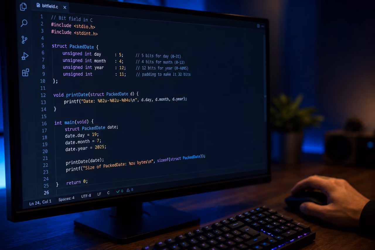 C Bit Field Code Displayed on a Developer Monitor