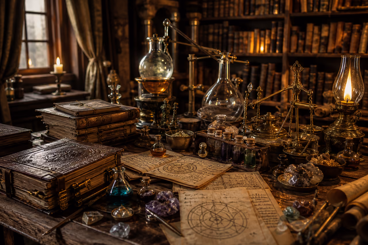Detailed Alchemy Workshop with Ancient Books and Glassware