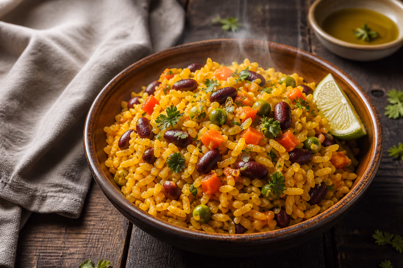 Traditional Spanish Yellow Rice and Beans in a Rustic Bowl