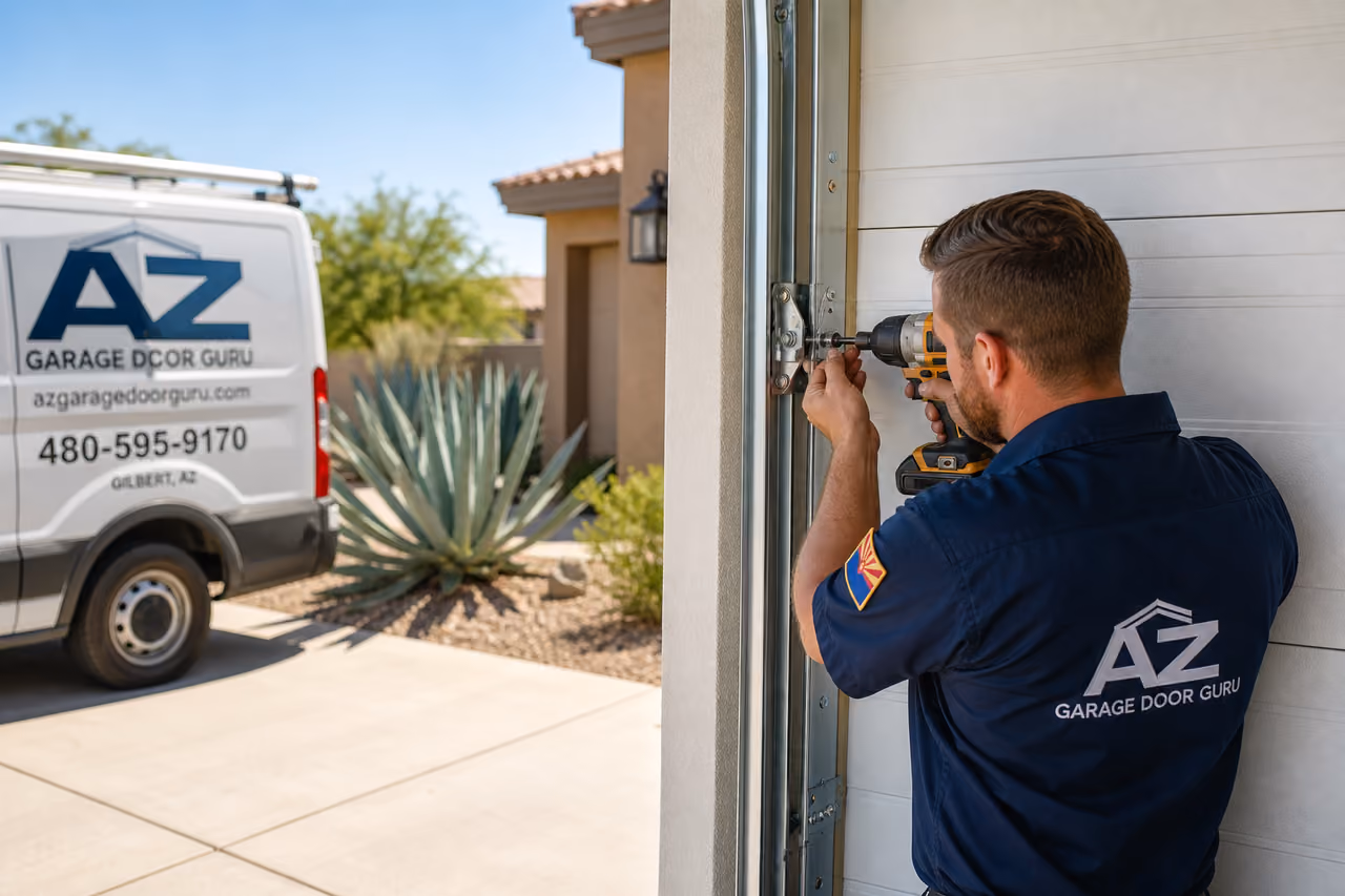 Technician Repairing a Residential Garage Door in Gilbert