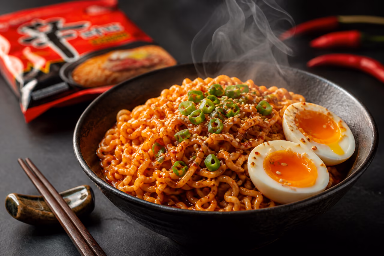 Steaming Bowl of Spicy Ramen with Egg and Green Onions