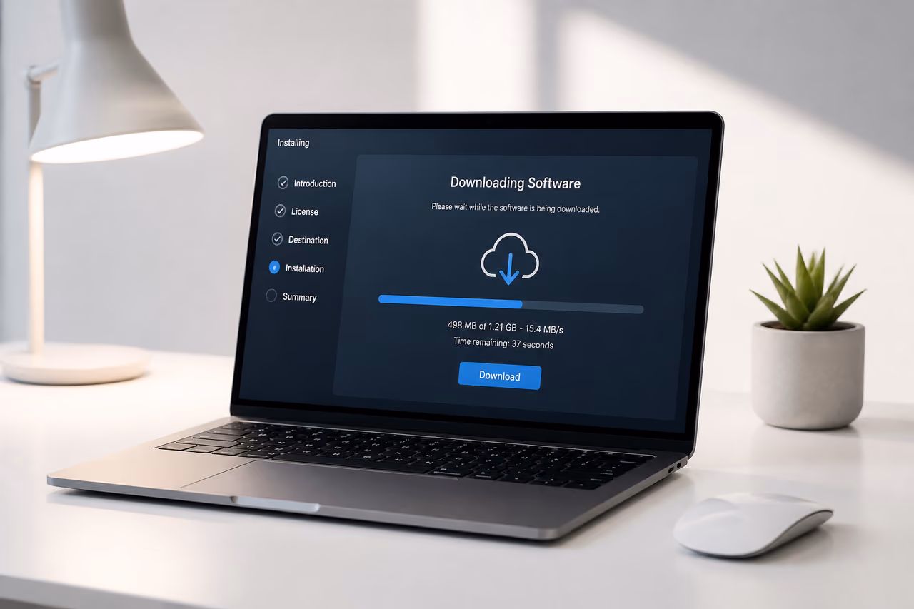 Laptop Displaying Software Installation Interface on White Desk