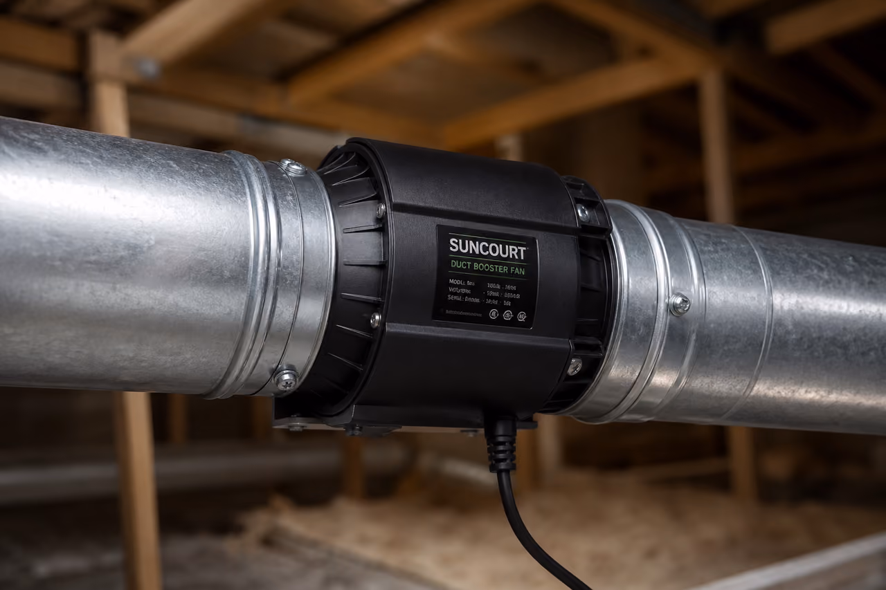 Suncourt Duct Booster Fan Installed in Galvanized Air Duct