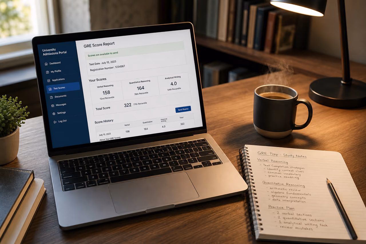 Student Reviewing Gre Scores on Laptop at Study Desk