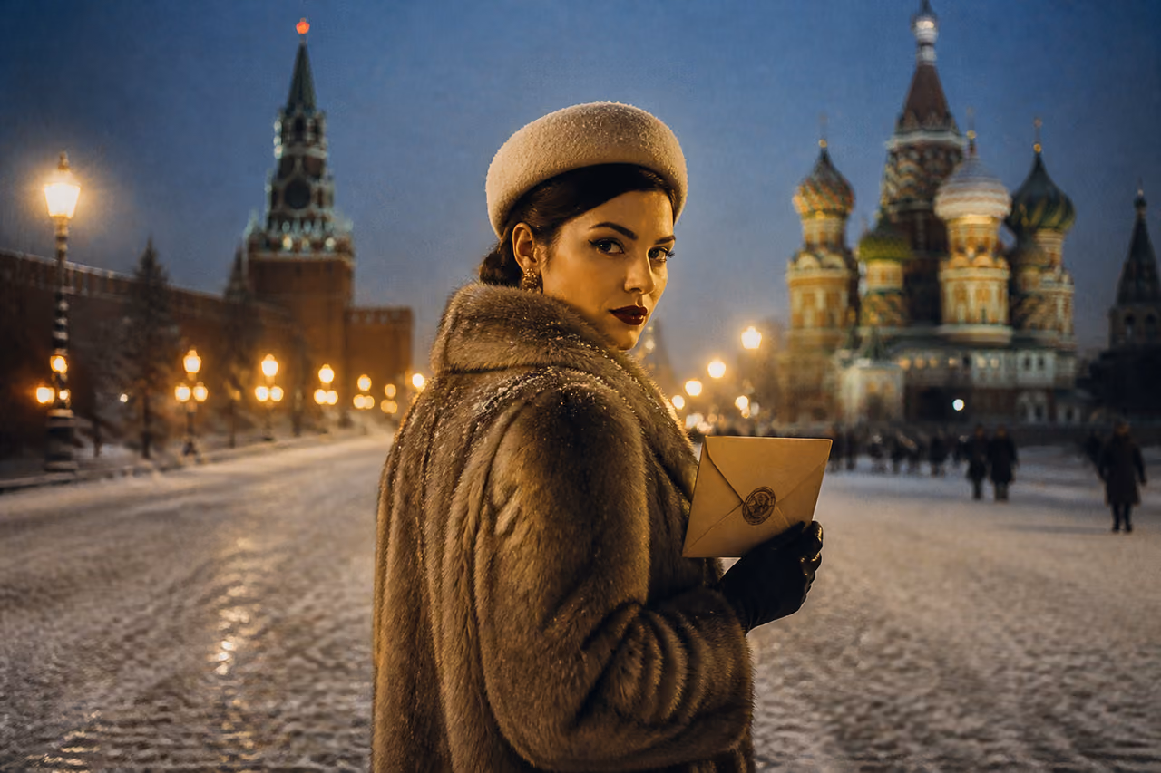 Elegant Woman in Vintage Fur Coat in Snowy Moscow