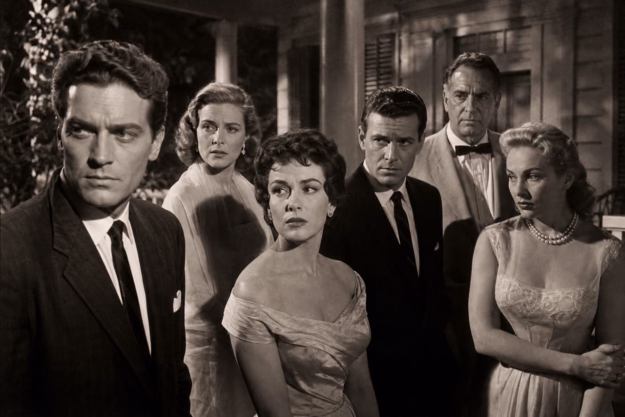 Dramatic Ensemble of Actors in Vintage 1950s Period Attire