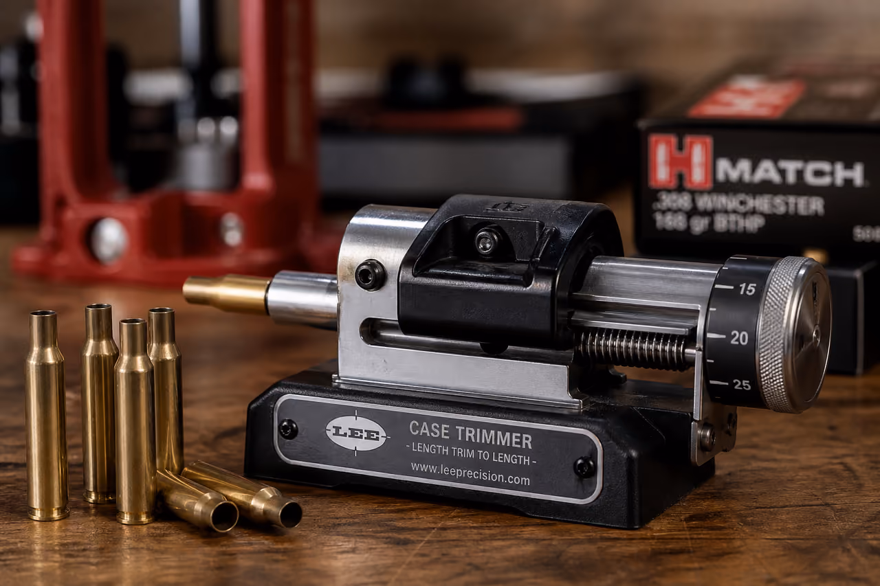 Lee Cartridge Case Trimmer on a Reloading Workbench
