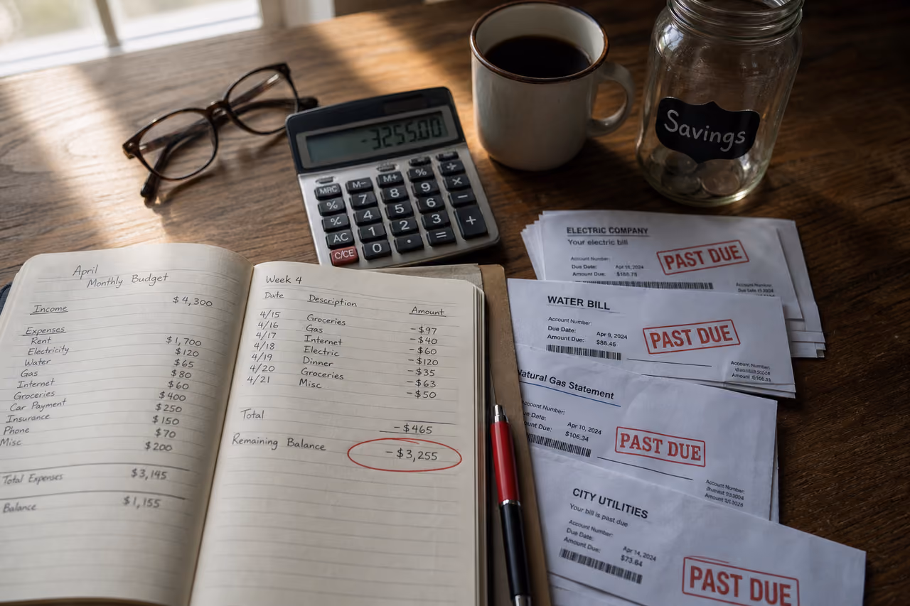 Handwritten Budget Ledger Showing Negative Balance and Overdue Bills