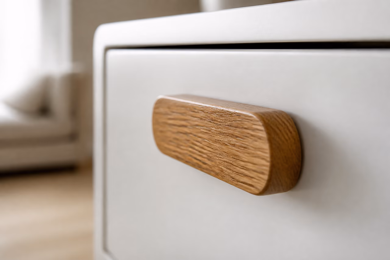 Small Wooden Handle on a White Minimalist Drawer