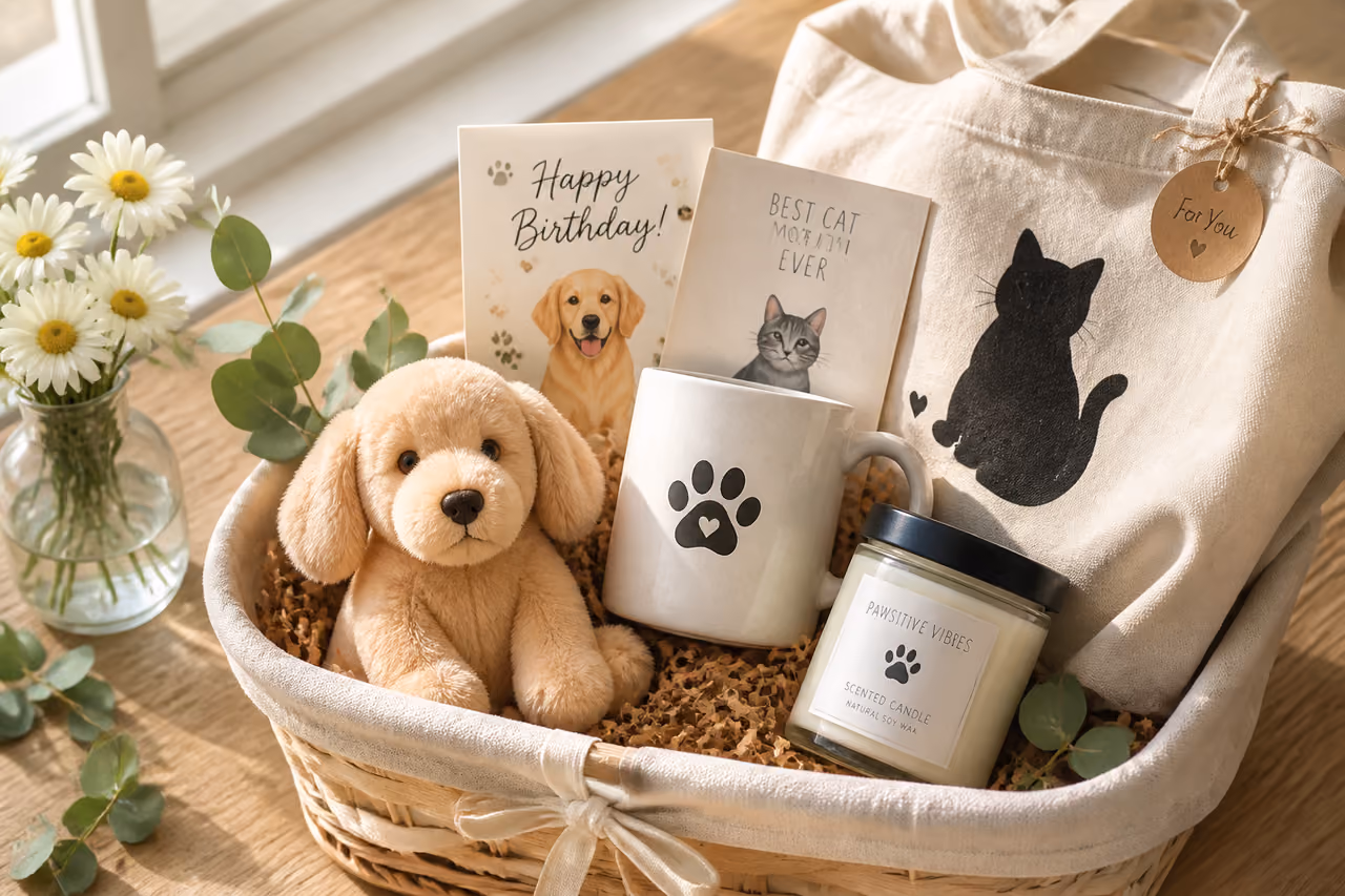 Curated Birthday Gift Basket for Animal Lover on Wooden Table