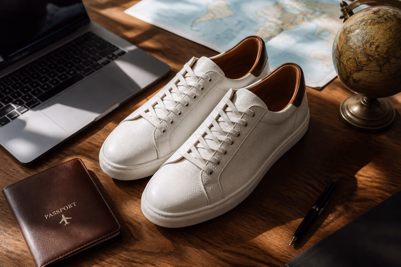 Comfortable White Sneakers on a Travel Agent Desk