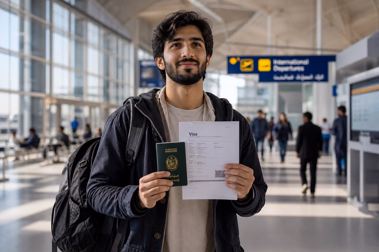 Young Pakistani Man Holding Passport and Visa at Airport