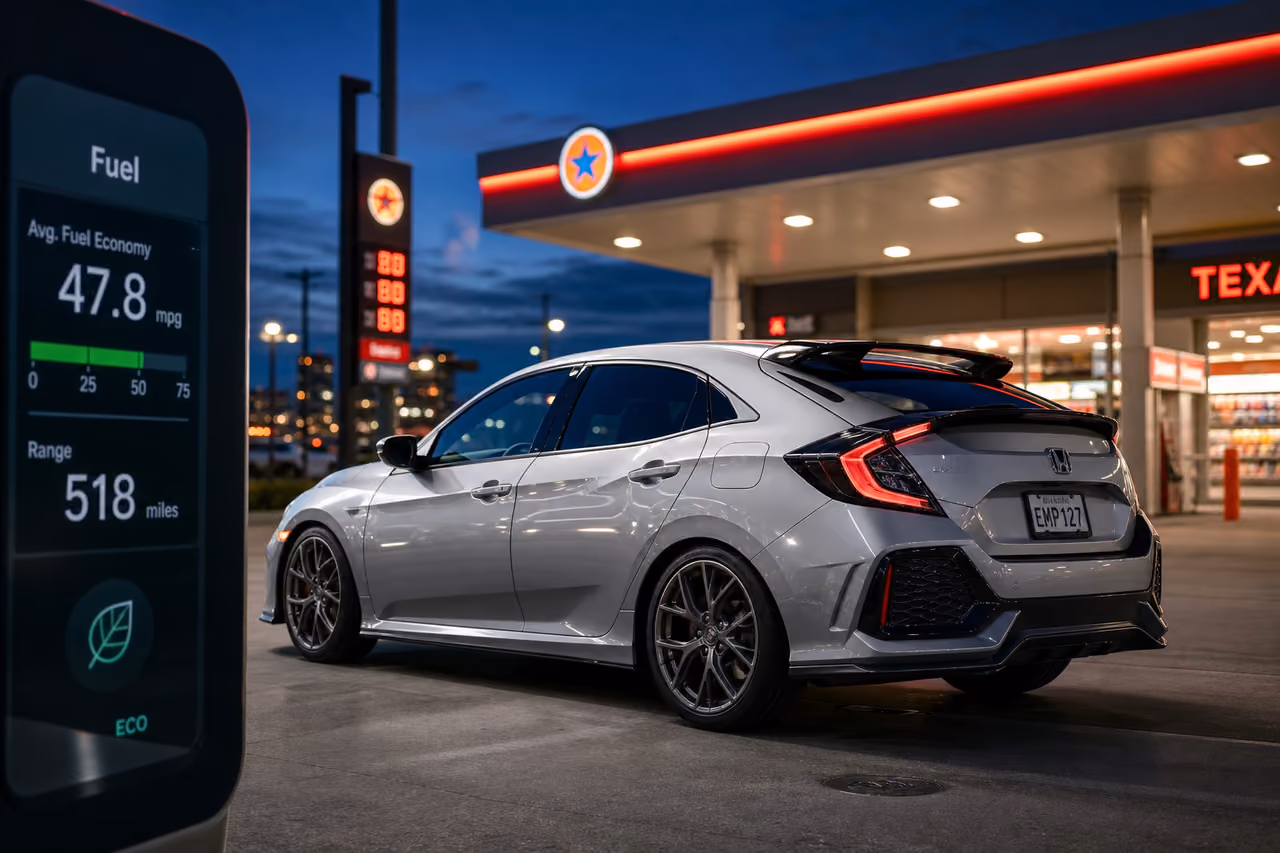 Silver Compact Hatchback at a Modern Fuel Station