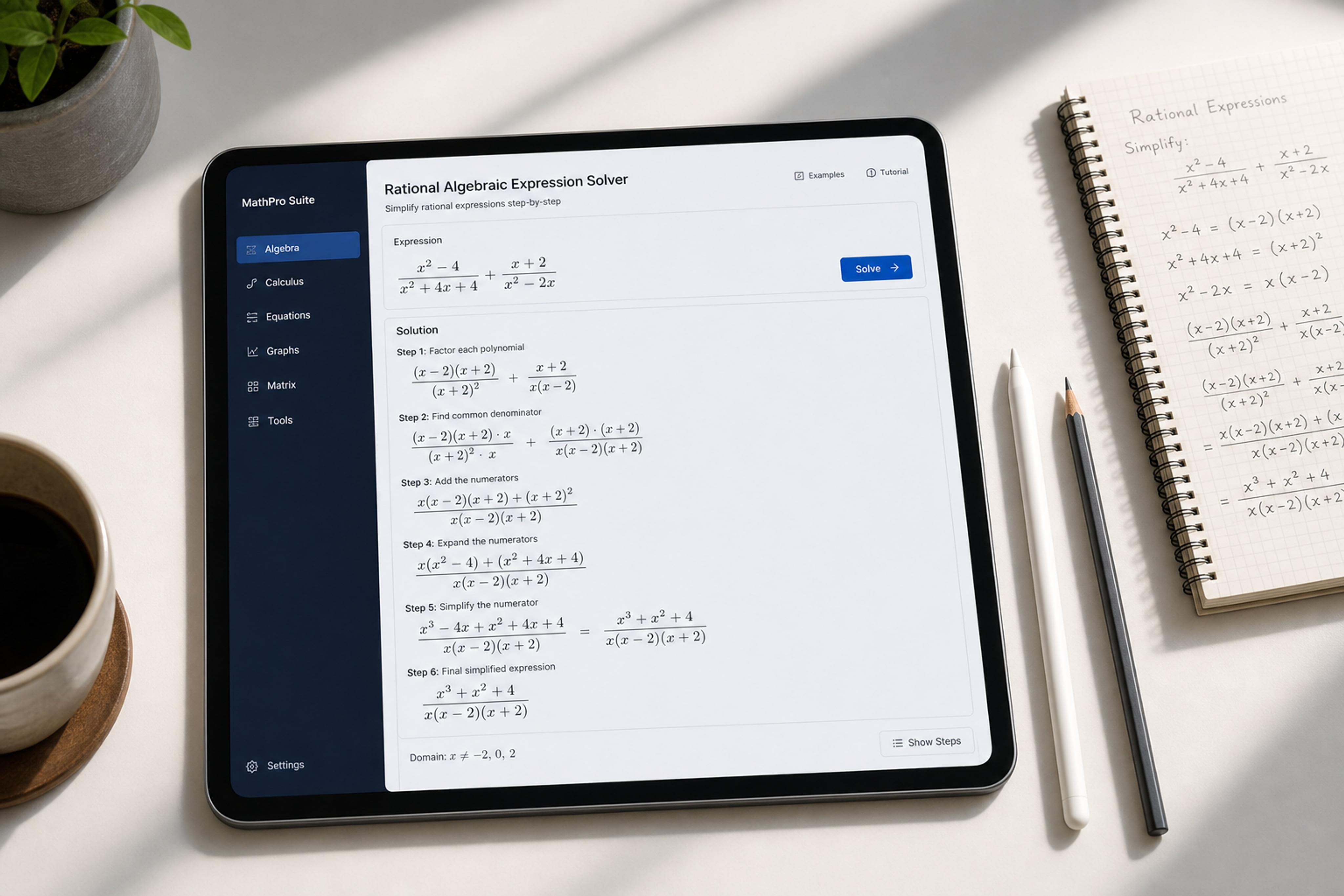 Tablet Displaying a Complex Rational Algebraic Expression Solver on Desk