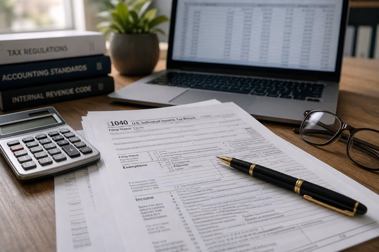 Tax Documents and Calculator on Professional Office Desk