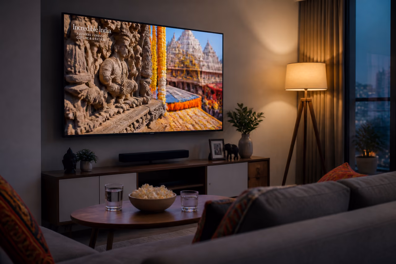 Smart TV Displaying Cultural Documentaries in a Modern Indian Living Room