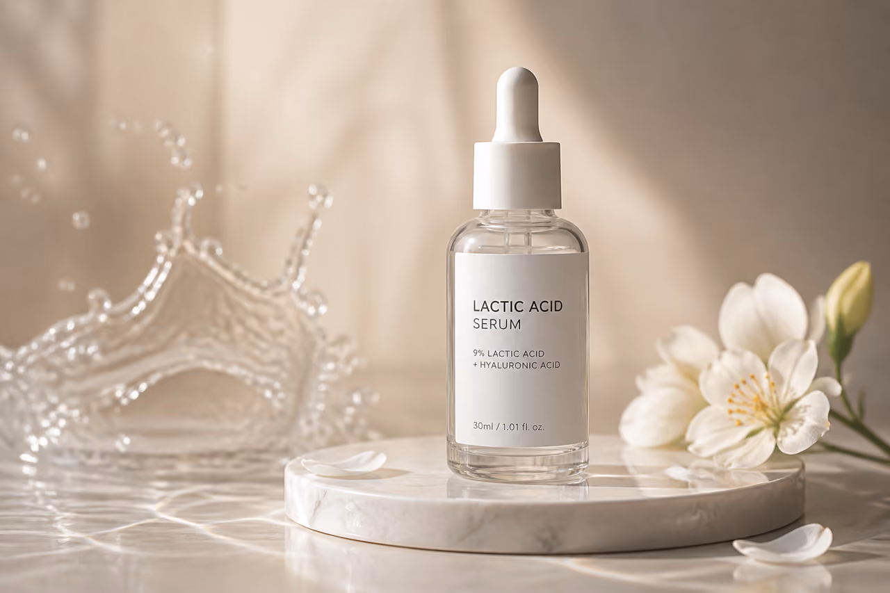 Serum Lactic Acid Bottle on Stone Pedestal