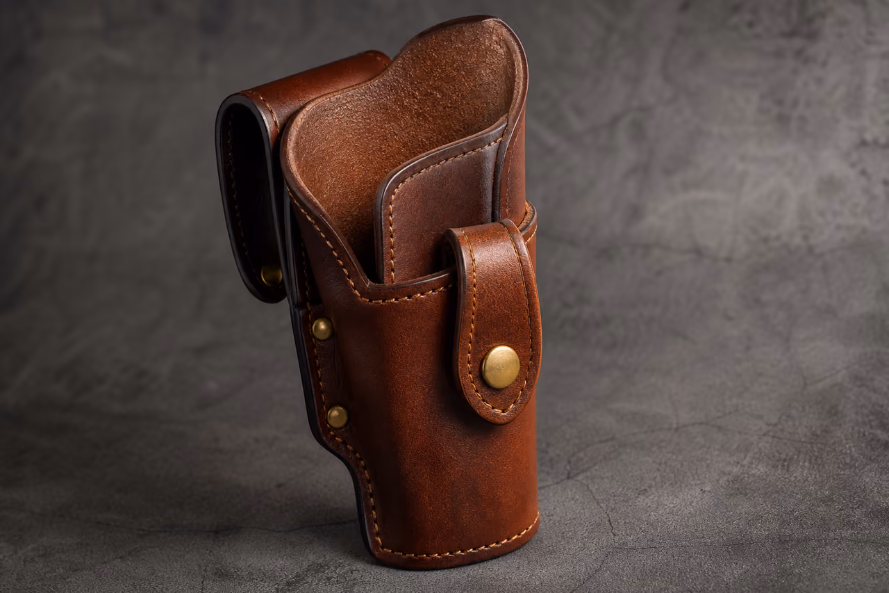 Leather Gun Holster with Brass Hardware on Grey Background
