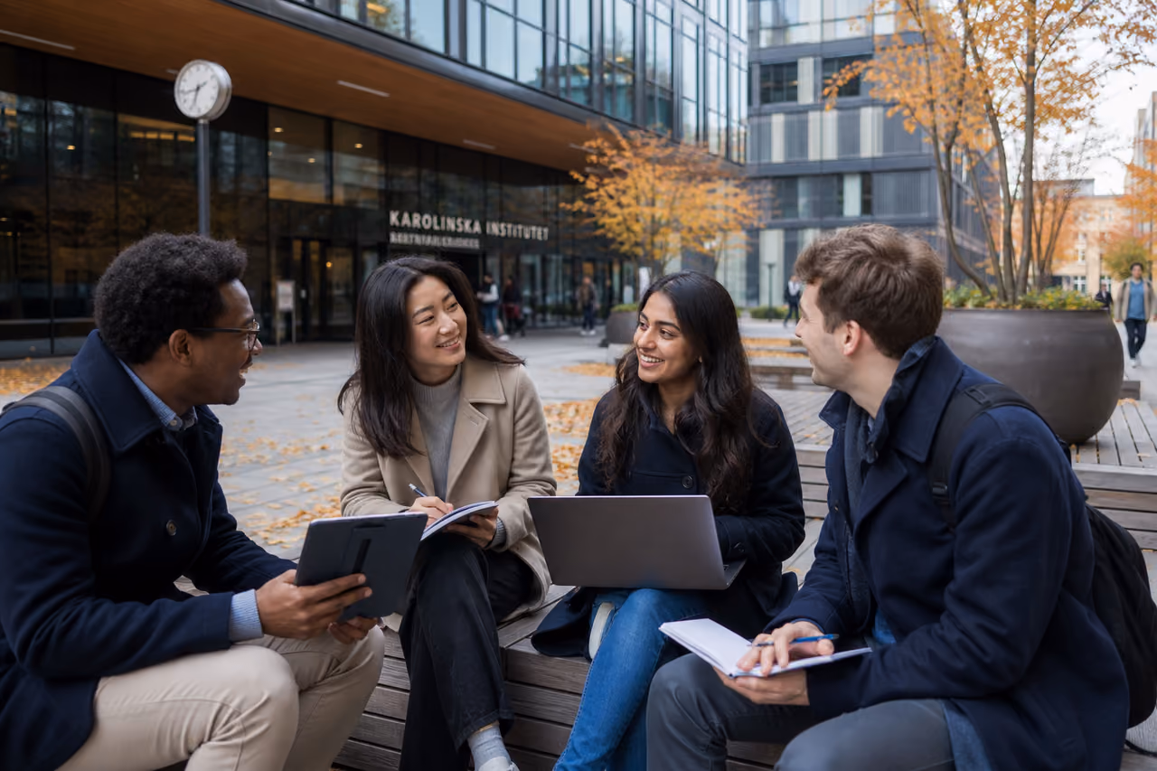 Graduate Students Collaborating on a Modern Swedish University Campus