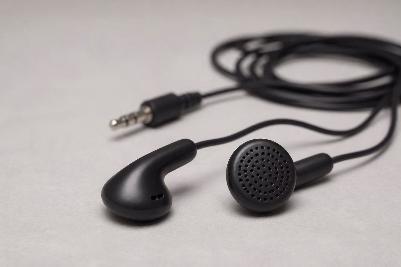Minimalist Budget Wired Headphones on Neutral Surface