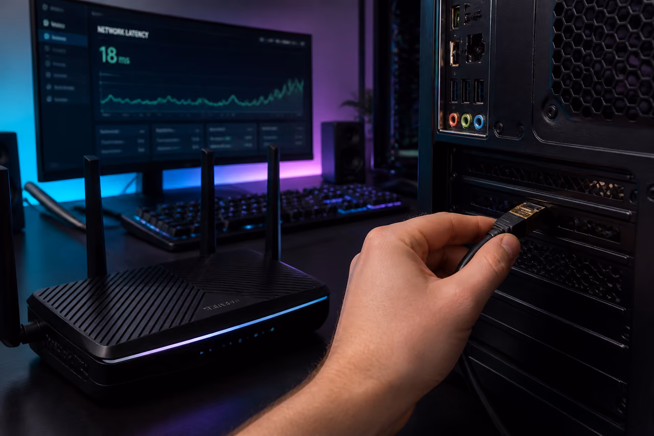 Ethernet Cable Connecting to Pc for Low Latency Gaming