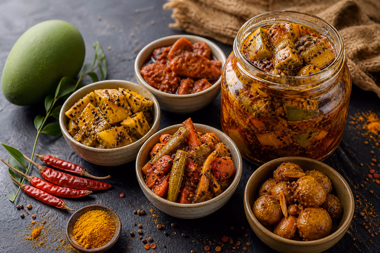 Traditional Indian Achar Pickles in Rustic Bowls and Glass Jar