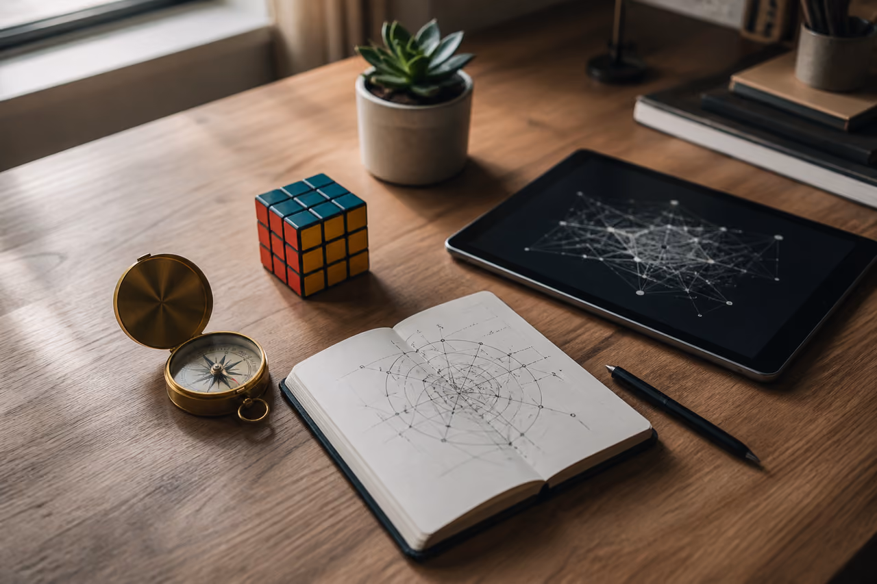 Diverse Cognitive Tools Arranged on a Minimalist Wooden Desk