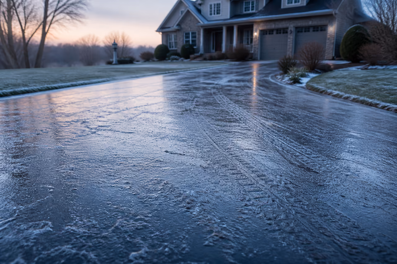 Frozen Asphalt Residential Driveway Covered in Black Ice