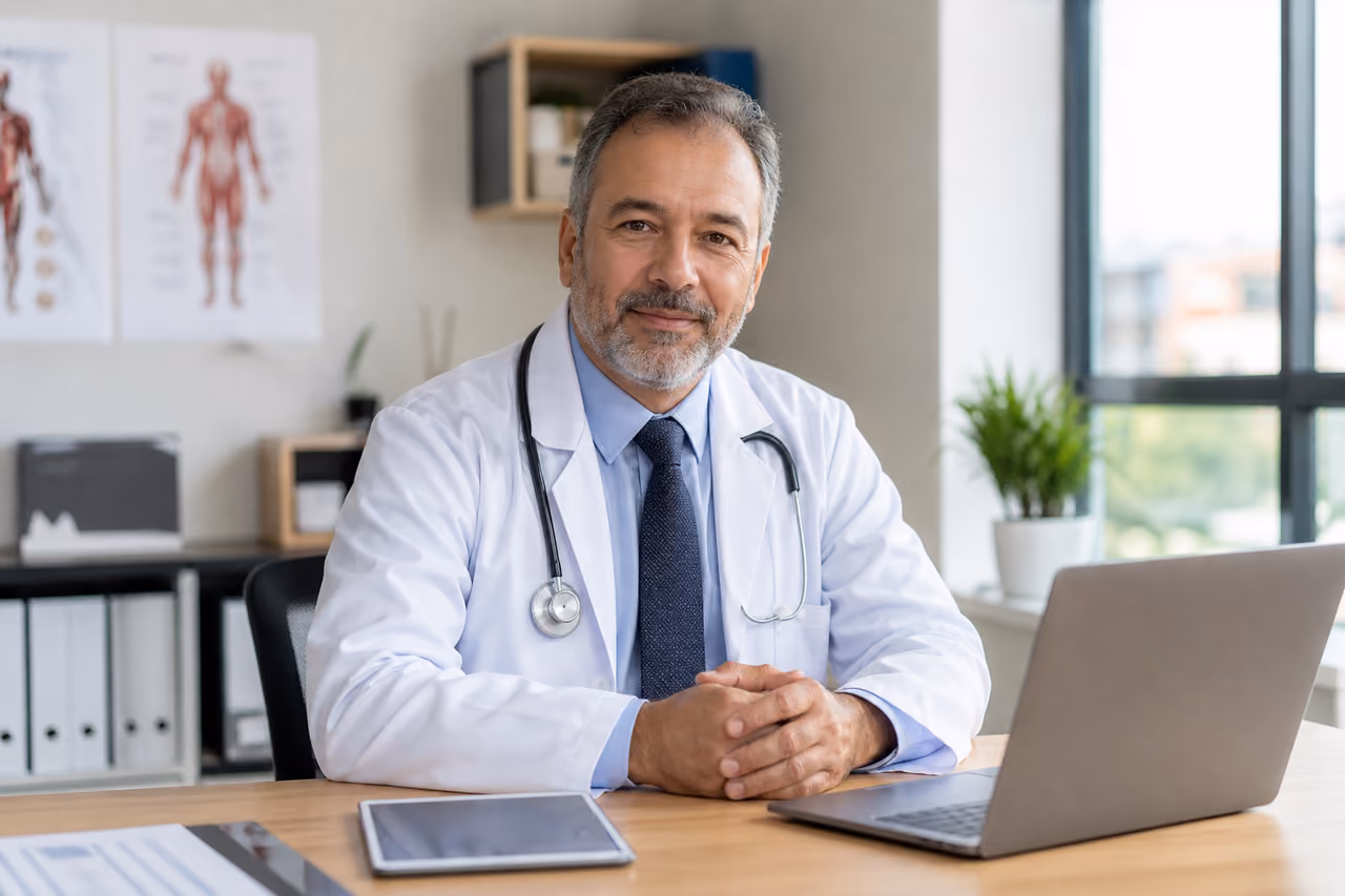 Professional Male Doctor Sitting at Desk in Modern Clinic