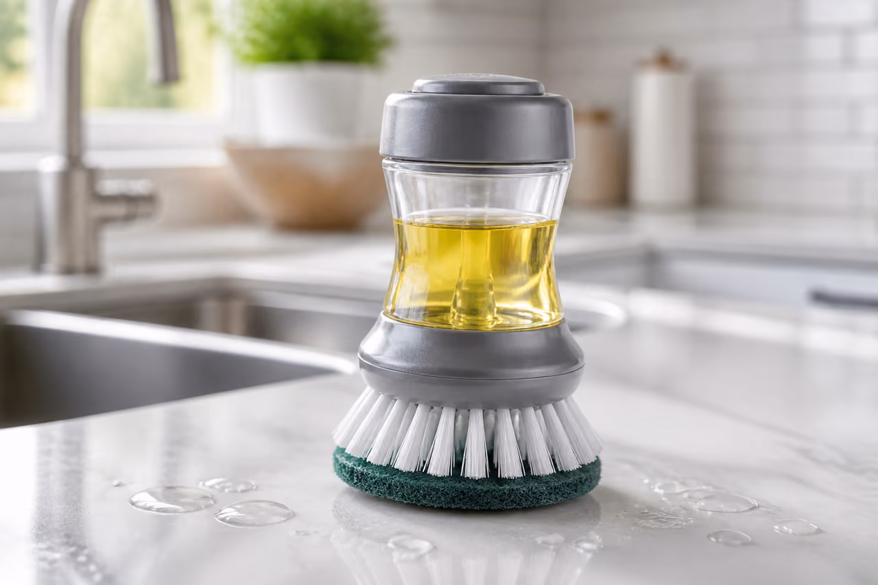 Soap Dispensing Brush on a White Marble Kitchen Counter