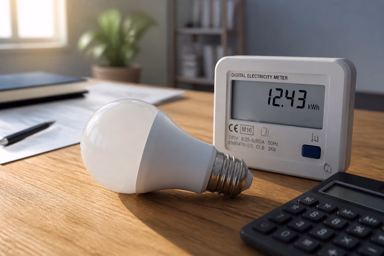 LED Light Bulb with Digital Meter and Calculator on Desk