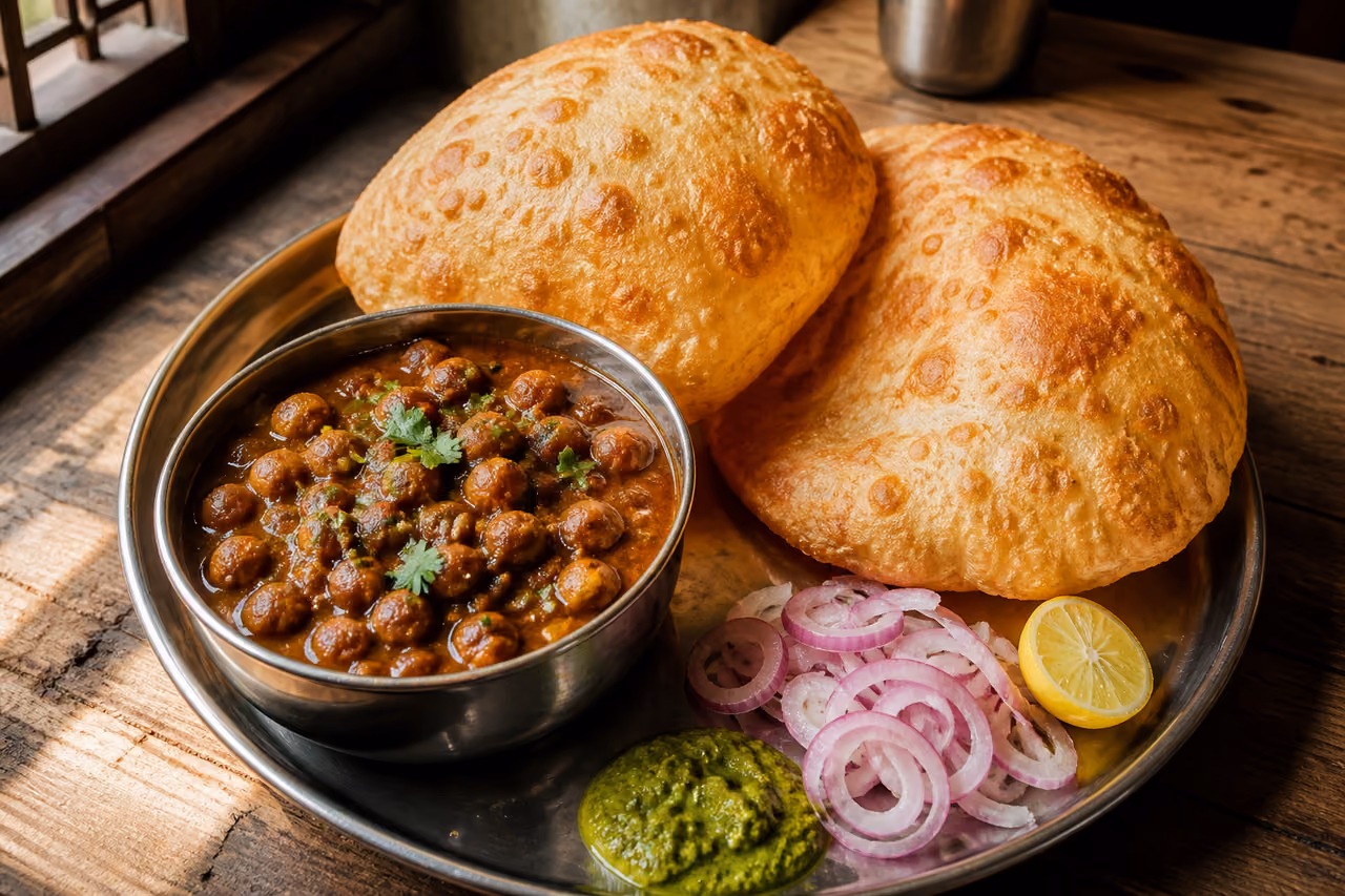 Traditional Sholay Baturay Served with Onions and Chutney