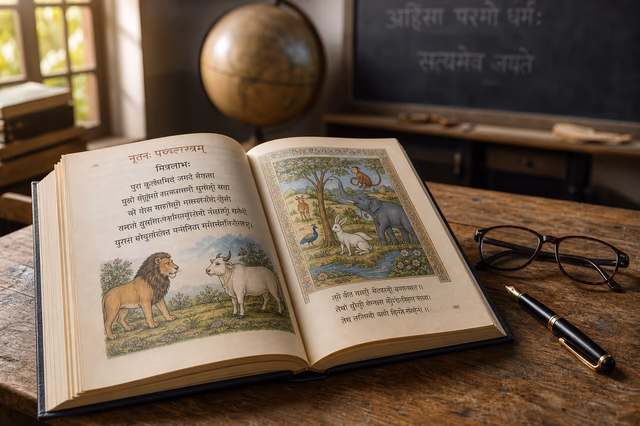 Sanskrit Textbook and Writing Tools on a Wooden Desk