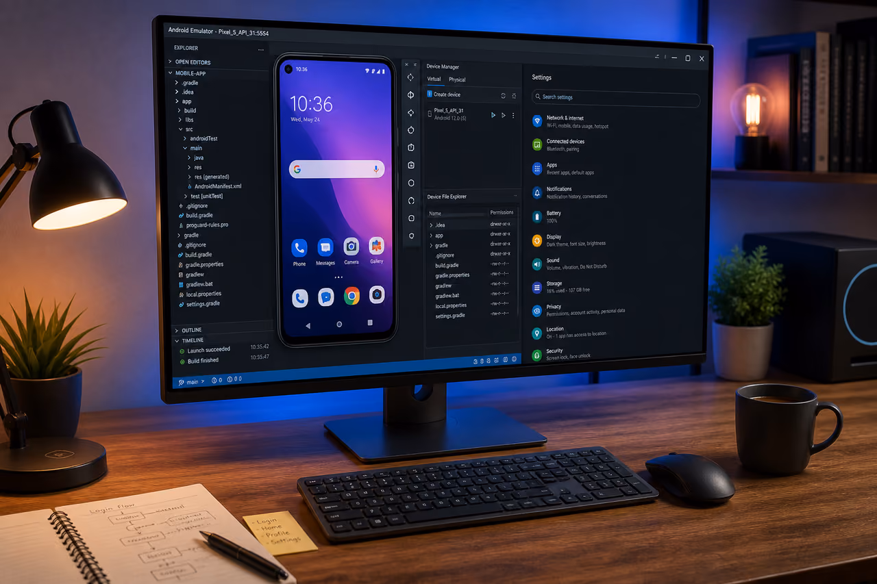 Android Emulator Interface Running on a Desktop Computer Workspace