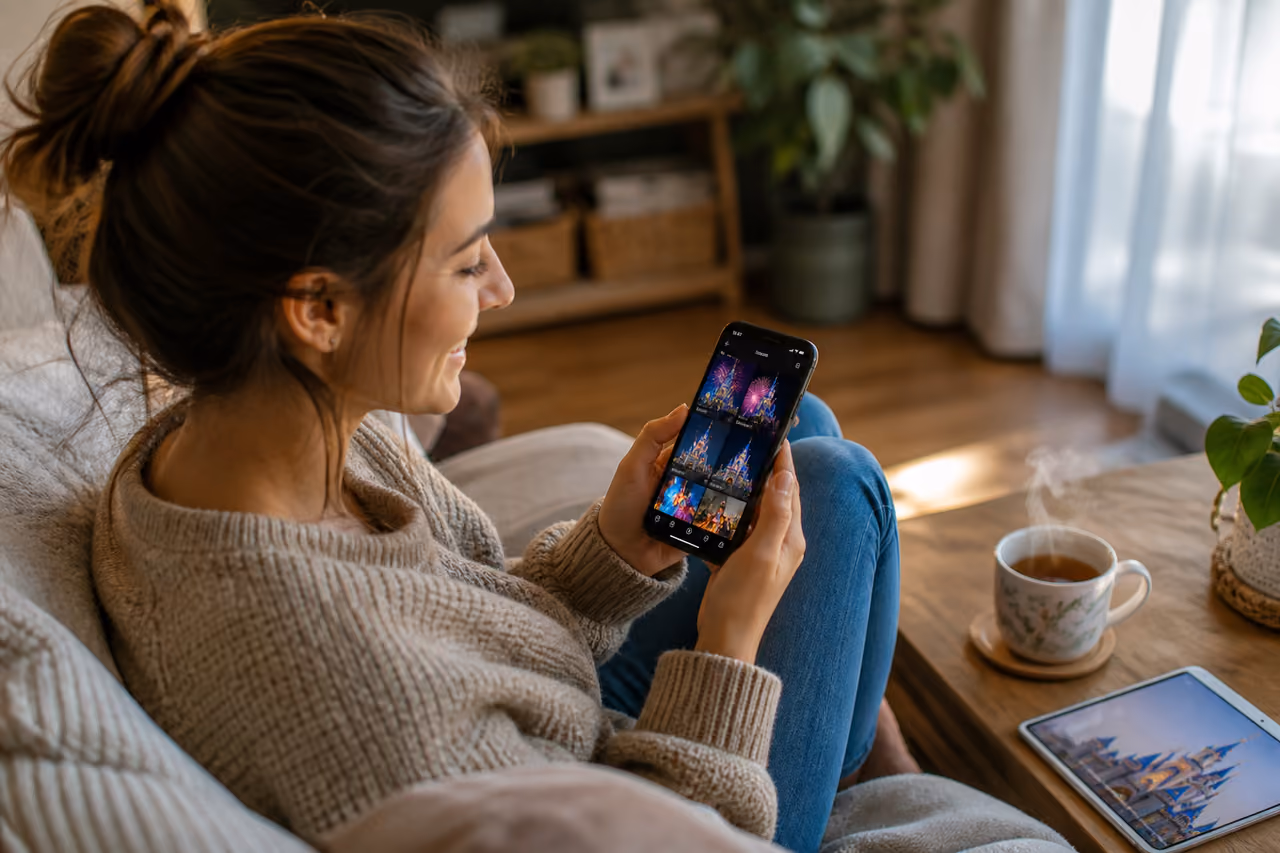 Woman Viewing Vacation Photos on a Smartphone in Living Room