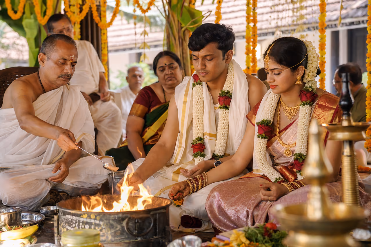 Bride and Groom Performing Rituals During Havyaka Mahasabha Mangalya