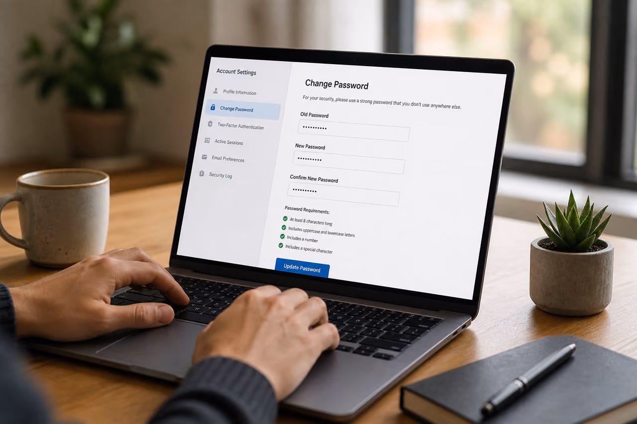 Person Updating Account Password on Laptop in Home Office