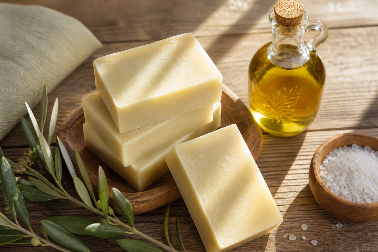 Handmade Olive Oil Soap Bars on a Rustic Wooden Table