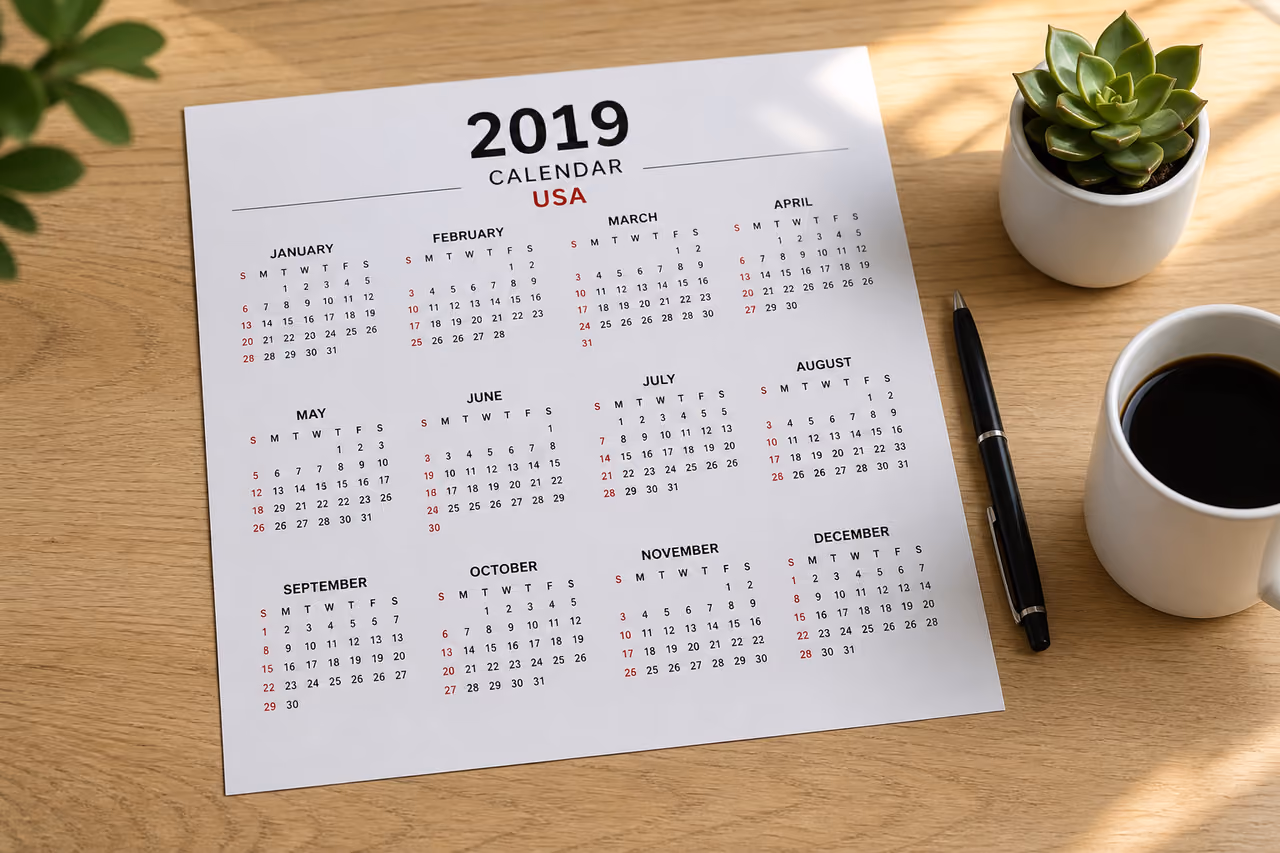 Printable Calendar 2019 USA on a Minimalist Wooden Desk